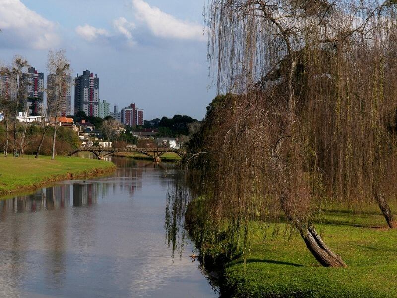 Vista de parque, rio e árvores de Curitiba