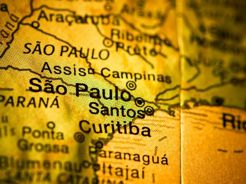 mapa mostrando São Paulo, SAntos, Curitiba e outras cidades
