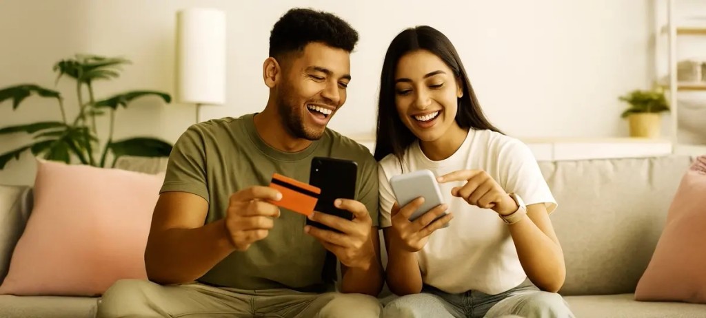 Casal sorrindo usando celulares para vender milhas aéreas online